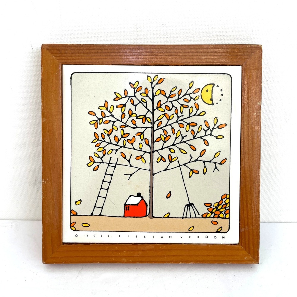Vintage 1984 Lillian Vernon Autumn Tree Ceramic Tile Framed Wall Art hanging